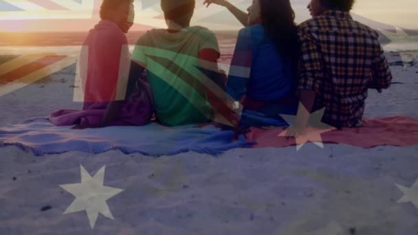 Animacja Machająca Flagą Australii Nad Grupą Przyjaciół Bawiących Się Plaży — Wideo stockowe