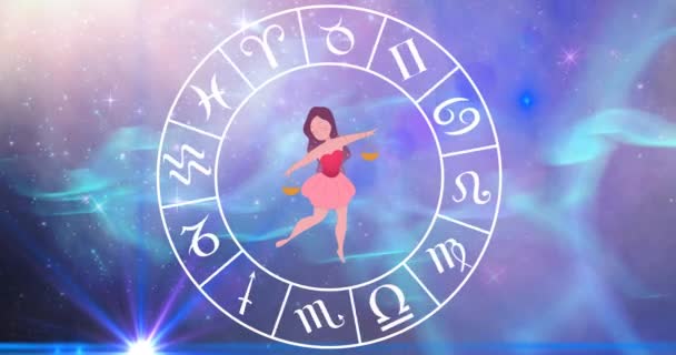 Animation Libra Stjärntecken Med Horoskop Hjul Snurrar Över Stjärnor Blå — Stockvideo