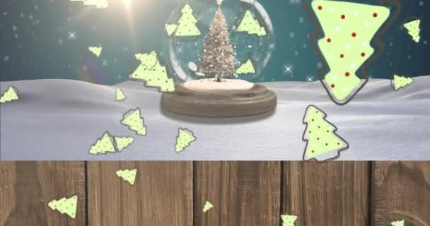 降雪的动画 雪球上的树 蓝色背景的树 圣诞节 传统和庆祝概念数字制作的视频 — 图库视频影像