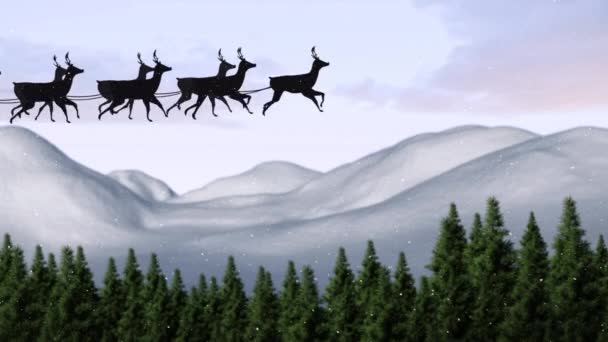 Animación Santa Claus Trineo Con Renos Sobre Nevadas Paisajes Invernales — Vídeos de Stock