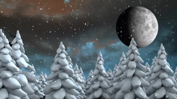 Анимация Санта Клауса Санях Оленями Рождество Над Снегопадом Деревьями Луной — стоковое видео