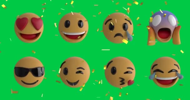 Animáció Konfetti Alá Két Sor Emoji Emotikon Ikonok Zöld Képernyő — Stock videók
