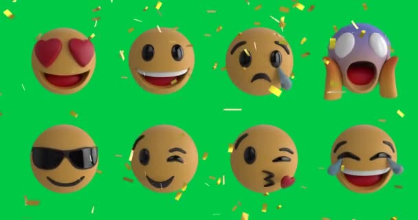 Animatie Van Confetti Vallen Twee Rijen Emoji Emoticon Pictogrammen Groen — Stockvideo