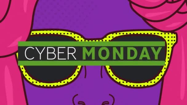Digital Animation Cyber Monday Text Banner Woman Wearing Sunglasses Icon — Stock Video