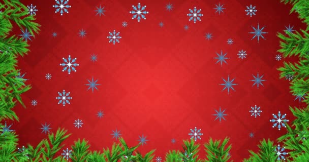 Animatie Van Sneeuwvlokken Dennenboom Vrolijke Kersttekst Rode Achtergrond Kerstmis Traditie — Stockvideo