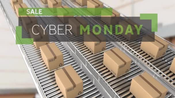 Animation Cyber Monday Sale Text Cardboard Boxes Conveyor Belts Global — Stock Video