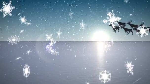 Animazione Babbo Natale Slitta Con Renne Sulla Neve Caduta Paesaggio — Video Stock