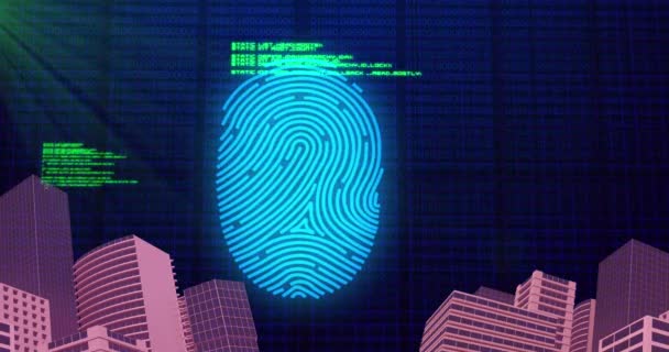 指のアニメーションは データ処理や都市の上に印刷します オンラインセキュリティサイバー犯罪とデータ処理の概念デジタルで生成されたビデオ — ストック動画