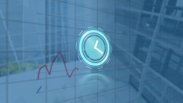 Animatie Van Bewegende Klok Diverse Financiële Gegevensverwerking Kantoor Achtergrond Tijd — Stockvideo