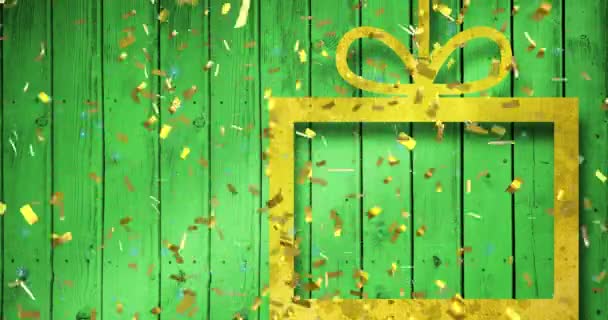 五彩纸屑的动画落在黄色的礼物和绿色的木制背景 圣诞节 传统和庆祝概念数字制作的视频 — 图库视频影像