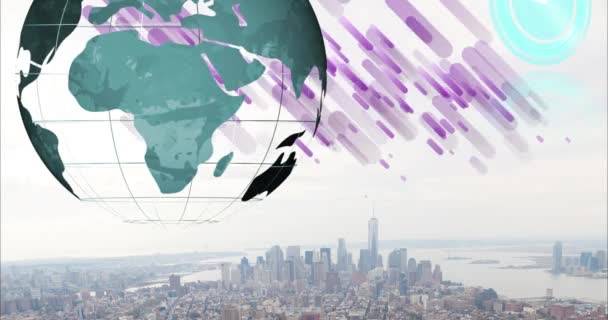 Mor Çizgilerin Animasyonu Hareket Eden Saatler Şehir Manzarası Küresel Veri — Stok video