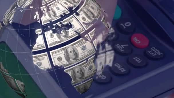 Animación Globo Hecha Dólares Sobre Terminal Pago Finanzas Globales Dinero — Vídeo de stock