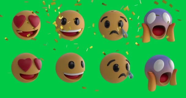 Animatie Van Emoji Pictogrammen Confetti Vallen Groene Achtergrond Mondiaal Sociaal — Stockvideo