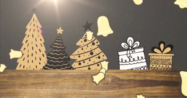 Animazione Neve Campane Che Cadono Sopra Gli Alberi Natale Presenta — Video Stock