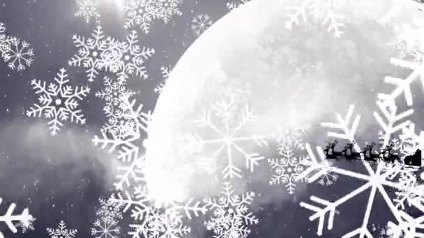 Sněhové Vločky Padající Santa Clause Saních Táhnou Sobi Proti Měsíci — Stock video