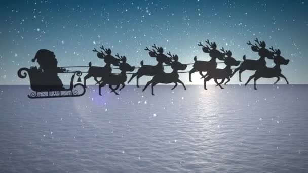 Анімація Снігу Падає Над Санта Клаусом Санчатах Оленями Зимовим Пейзажем — стокове відео