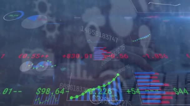 Animação Processamento Dados Financeiros Sobre Ícones Mídia Social Conexões Globais — Vídeo de Stock