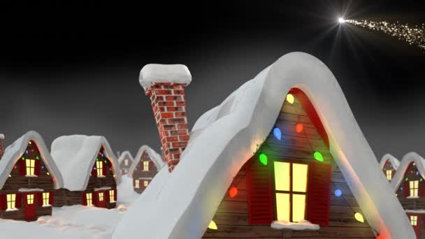 Animation Winter Scenery Decorated Houses Black Background Christmas Winter Tradition — Stock Video