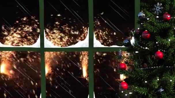 Різдвяна Ялинка Віконна Рамка Над Легкими Іскрами Падають Чорний Фон — стокове відео