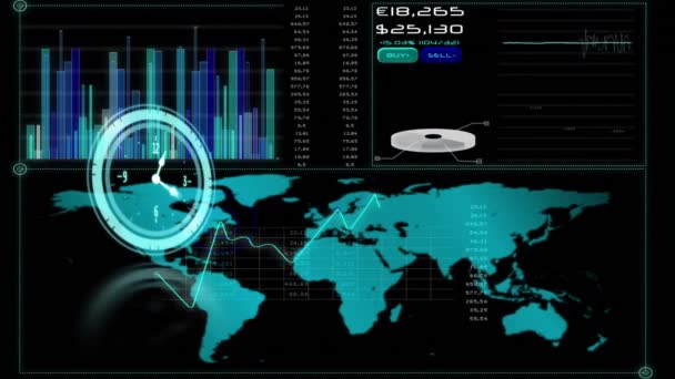 Animação Relógio Movimento Rápido Processamento Dados Com Mapa Mundo Tela — Vídeo de Stock