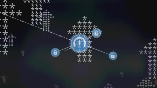 黒の背景に矢印上の南京錠のアイコンとの接続のネットワークのアニメーション 世界中のネットワーク データ処理 デジタルインターフェースの概念がデジタルで生成されたビデオ — ストック動画