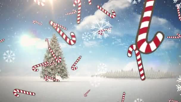 Múltiples Iconos Bastón Caramelo Copos Nieve Cayendo Sobre Árbol Navidad — Vídeos de Stock