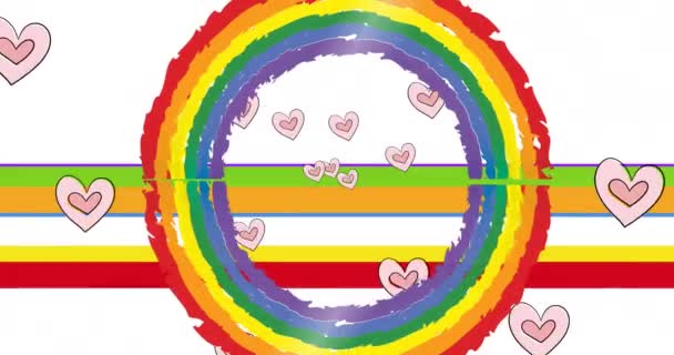 Animación Labios Arco Iris Círculo Corazones Sobre Bandera Arco Iris — Vídeo de stock