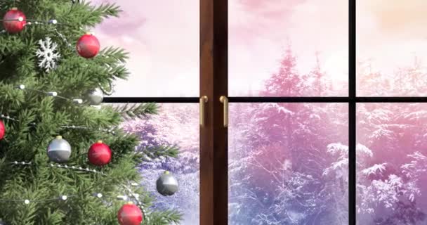 Animace Veselého Vánočního Textu Přes Zimní Scenérii Vánoční Zimní Tradiční — Stock video