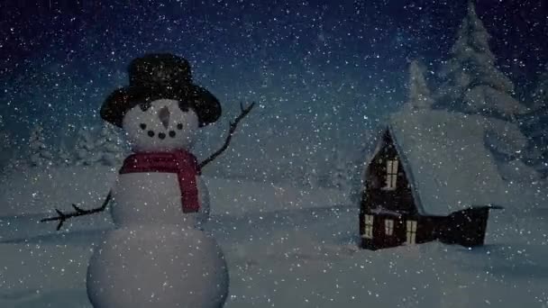 Анимация Снегопада Над Снеговиком Домом Зимним Пейзажем Рождество Традиции Концепция — стоковое видео