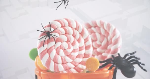 Arañas Cayendo Cubo Calabaza Halloween Lleno Caramelos Contra Formas Concéntricas — Vídeos de Stock