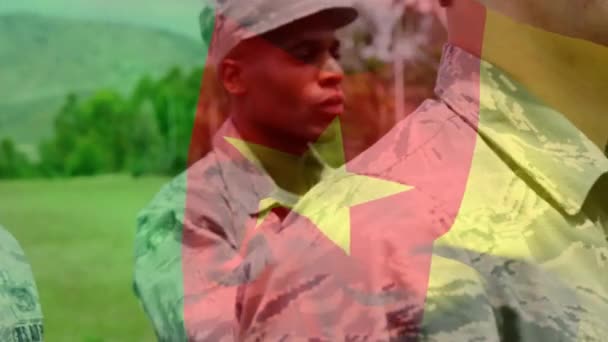 Animation Flag Cameroon Waving Diverse Soldiers Armed Forces Public Defense — Stock Video