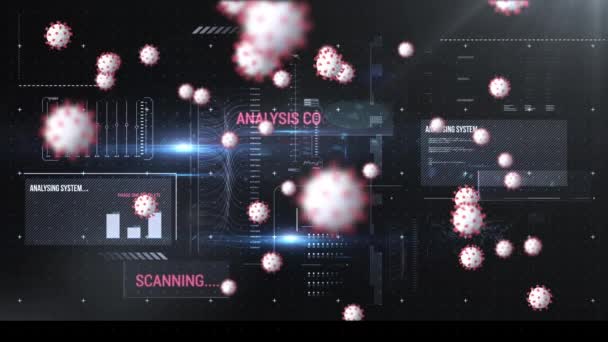Animación Células Virales Sobre Pantalla Con Datos Científicos Global Covid — Vídeo de stock