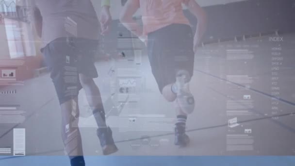 Анимирование Обработки Данных Различным Баскетболистам Мужчинам Глобальный Спорт Бизнес Обработка — стоковое видео
