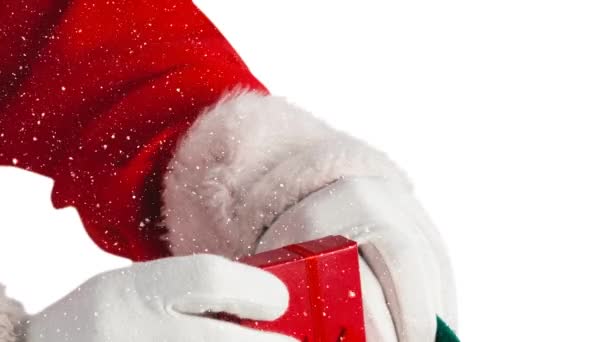 Animación Nieve Cayendo Sobre Santa Claus Sosteniendo Regalo Navidad Tradición — Vídeo de stock