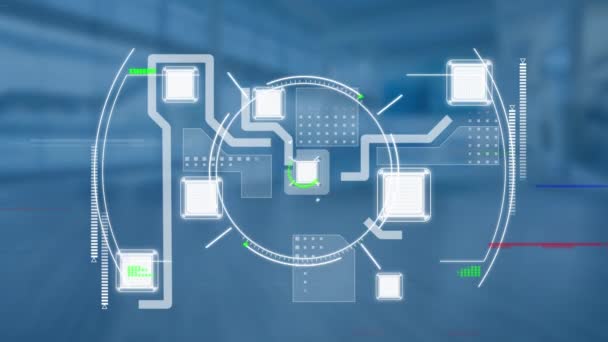 青色の背景に集積回路上のターゲットのアニメーション ビジネス デジタルインターフェース テクノロジーの概念がデジタルで生成されたビデオ — ストック動画