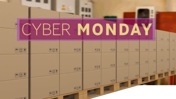 Animation Cyber Monday Text Cardboard Boxes Conveyor Belt Global Online — Stock Video
