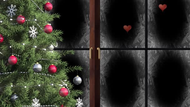 黒い背景に落ちる複数の赤いハートアイコンの上にクリスマスツリーとウィンドウフレーム クリスマス フェスティバルとお祝いのコンセプト — ストック動画
