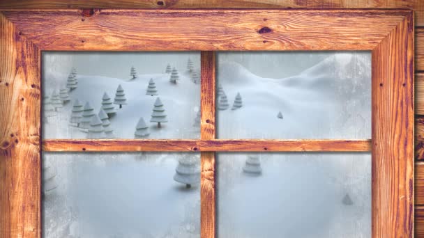 Kar Yağışının Animasyonu Pencereden Görülen Kış Manzarası Noel Gelenek Kutlama — Stok video