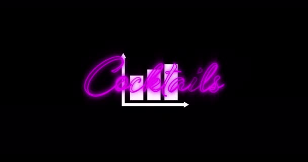 数字动画的霓虹灯紫色鸡尾酒文字签署过条形图图标与黑色背景 夜生活和酒吧派对的概念 — 图库视频影像