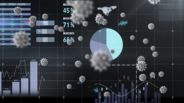 科学的なデータで画面上のウイルス細胞のアニメーション グローバルCovid 19パンデミック科学と接続の概念デジタルで生成されたビデオ — ストック動画
