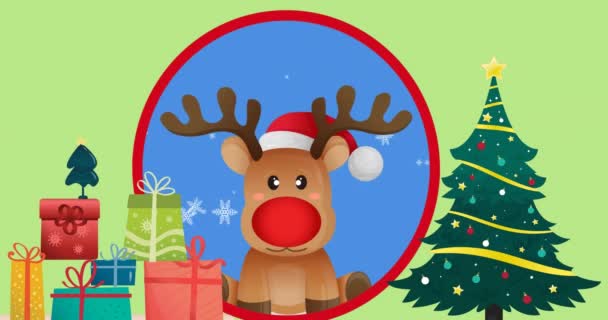 Анимация Оленя Красным Носом Подарки Рождественская Елка Рождество Зима Традиции — стоковое видео