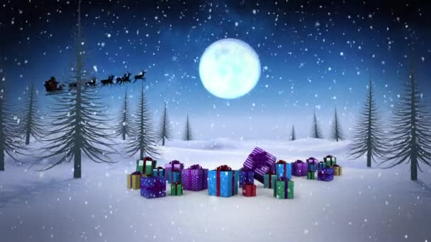 プレゼント 冬の風景の上にトナカイとそりでサンタクラスのアニメーション クリスマス お祝いのコンセプトをデジタルで — ストック動画