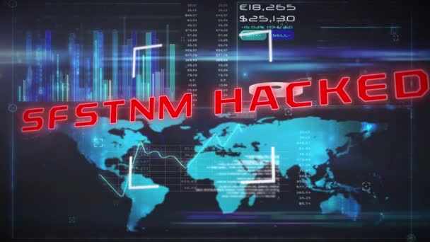 系统动画黑客攻击文字和在黑色背景上的数据处理 网络犯罪 网络攻击和黑客攻击概念 — 图库视频影像