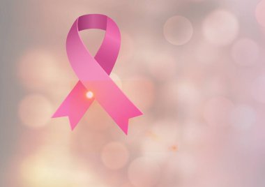 Pembe arkaplandaki ışık noktalarıyla pembe kurdele ikonunun dijital olarak oluşturulmuş görüntüsü. Göğüs kanseri farkındalığı kavramı