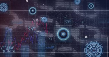 İstatistiksel veri işleme ve mavi arka planda güvenlik zinciri taramaları. küresel finans ve siber güvenlik kavramı