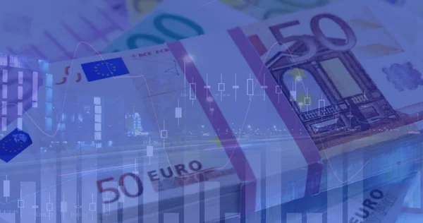 Imagem Processamento Dados Financeiros Sobre Notas Euro Conceito Finanças Globais — Fotografia de Stock