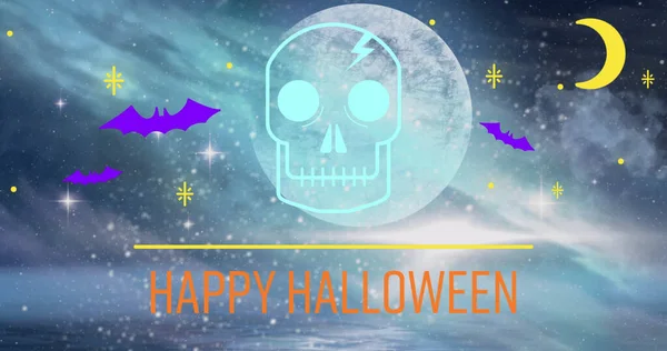 Bild Von Halloween Grüßen Totenkopf Und Fledermäusen Nachthimmel Bei Vollmond — Stockfoto