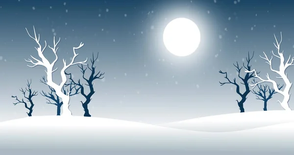 Wizerunek Zimowej Scenerii Opadającym Śniegiem Drzewami Pełnią Księżyca Niebieskim Tle — Zdjęcie stockowe
