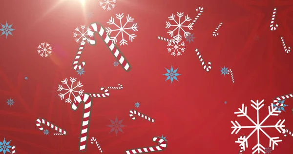 Bild Fallande Snöflingor Och Godis Majs Röd Bakgrund Jul Tradition — Stockfoto