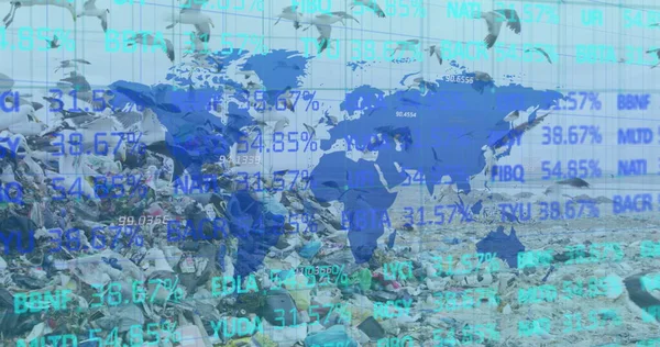 Stock market data processing over world map against landfill with birds flying in the sky. finance and economy concept